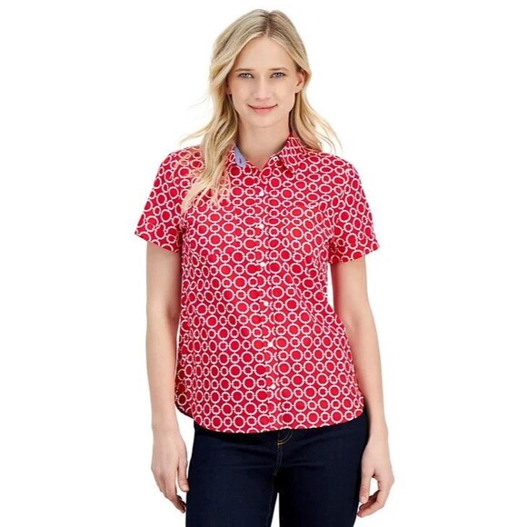Nautica Jeans Women’s Cotton Circle-Link Print Camp Shirt, Red, L - Picture 1 of 3